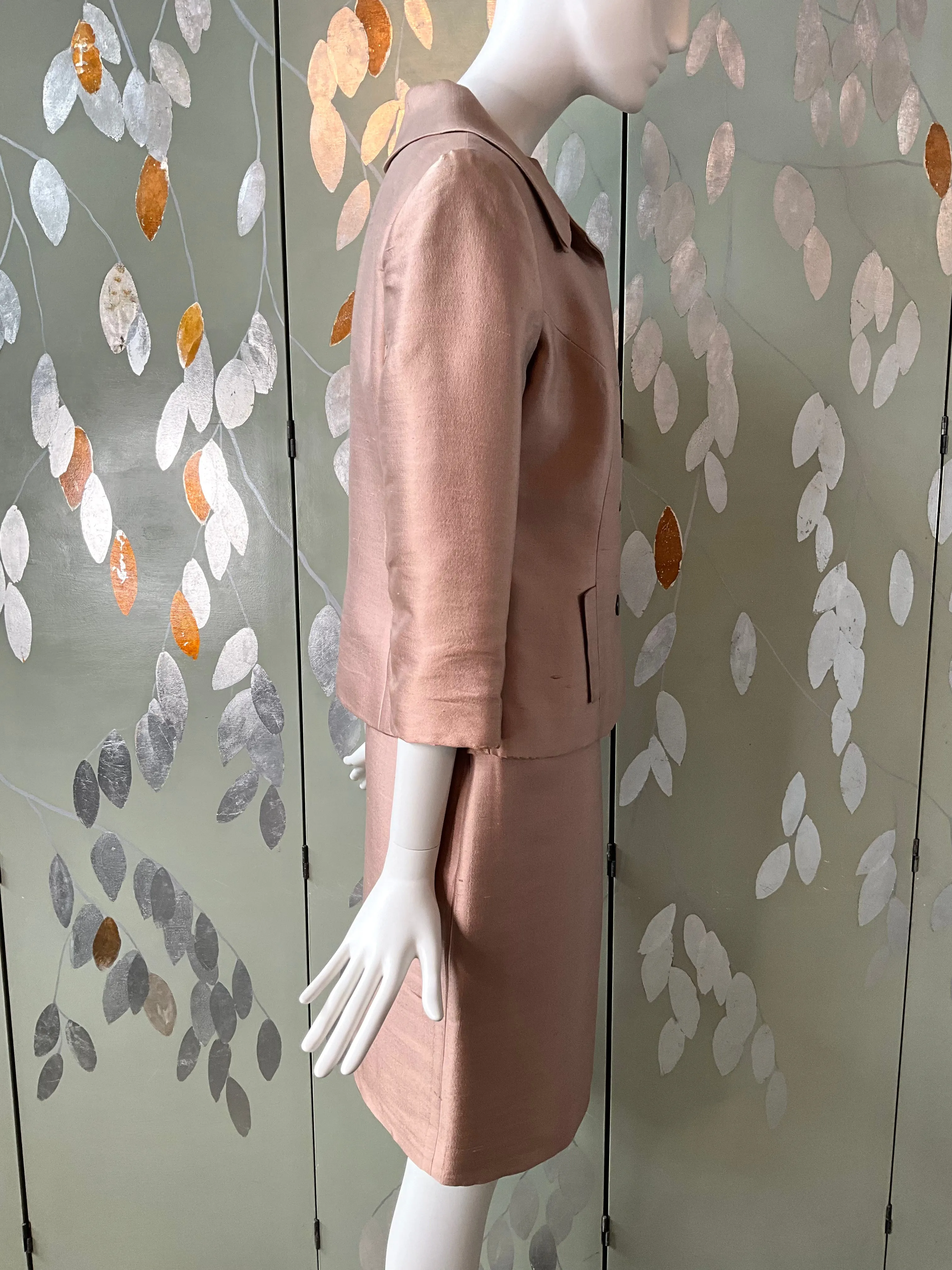 Vintage 1960s Beige Silk 3-PC Skirt Suit, Small