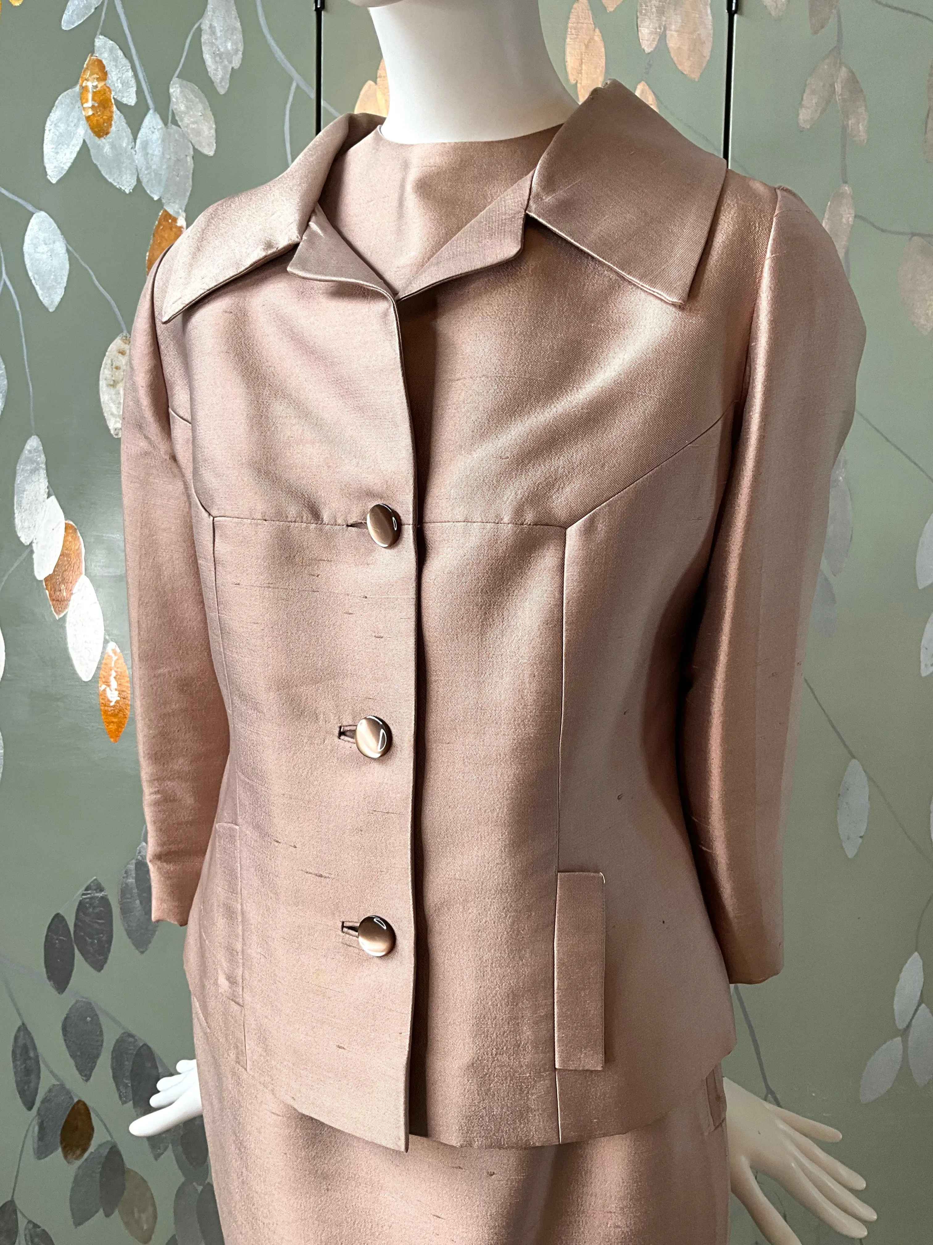 Vintage 1960s Beige Silk 3-PC Skirt Suit, Small