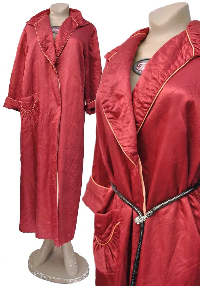 Vintage 40s Red Satin Quilted Dressing Gown • Housecoat