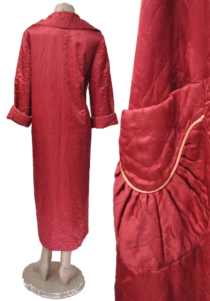 Vintage 40s Red Satin Quilted Dressing Gown • Housecoat