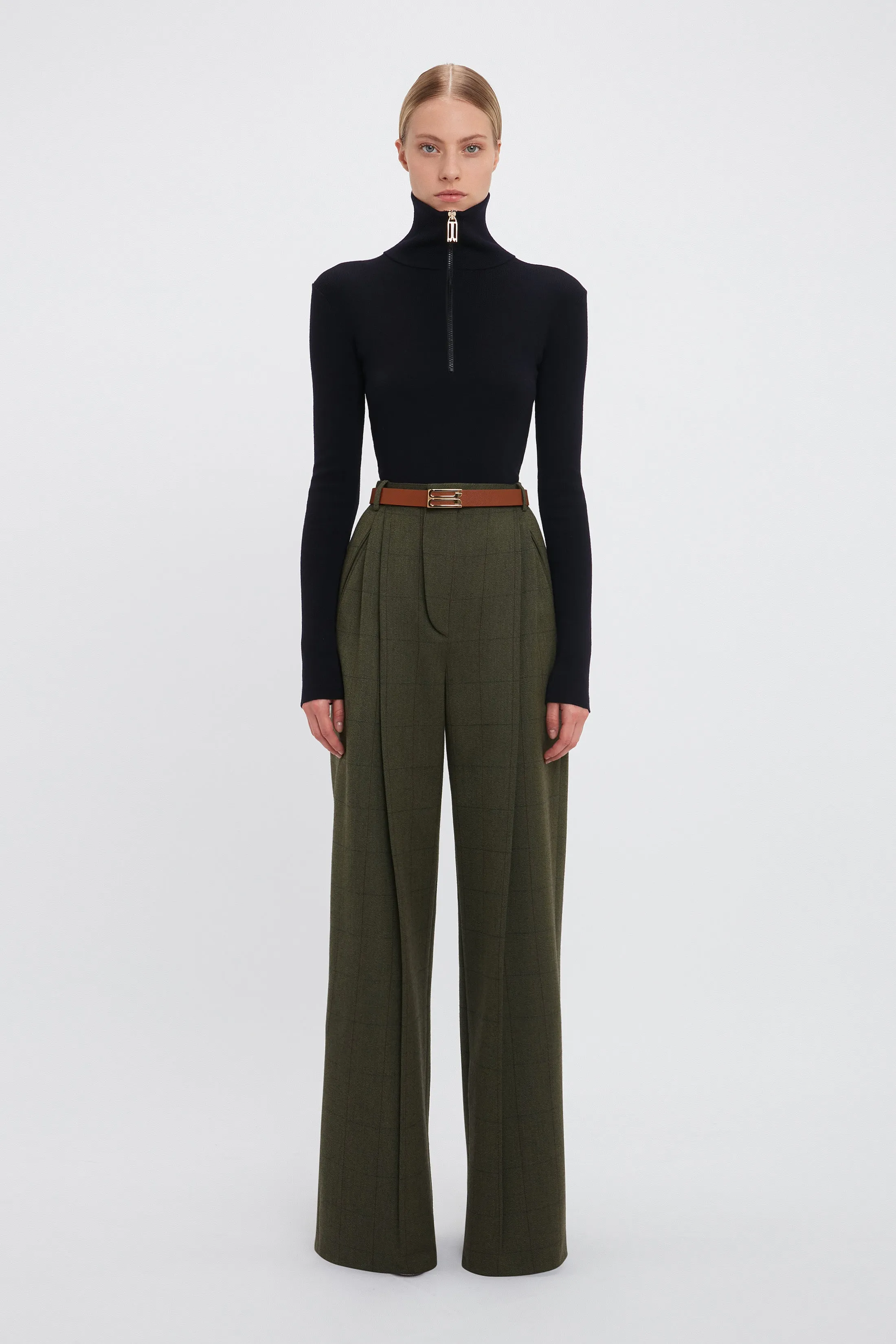 Wide Leg Trouser In Dark Fern Check