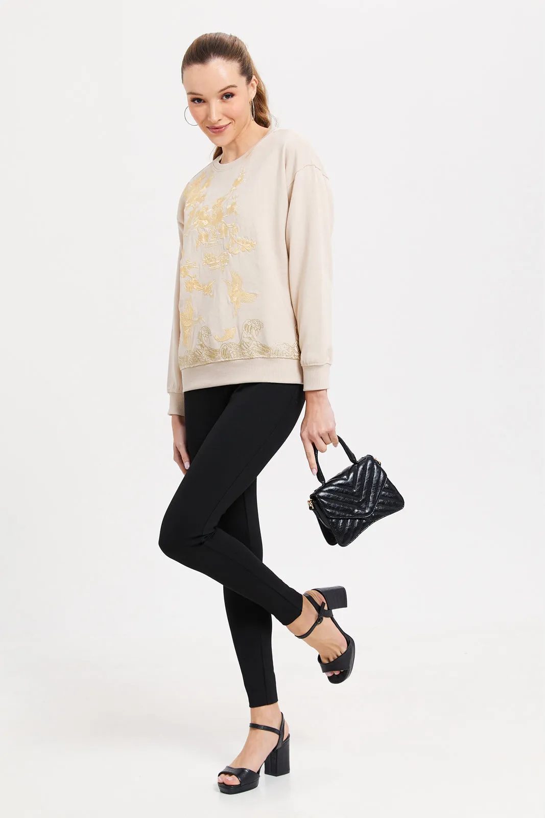 Woemen Beige Printed Sweatshirt