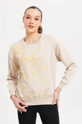 Woemen Beige Printed Sweatshirt