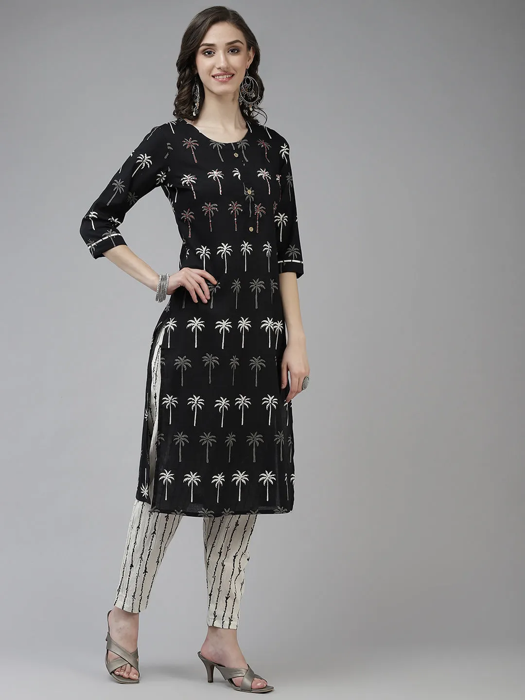 Women Black And Off White Cotton Kurta With Trouser & Dupatta