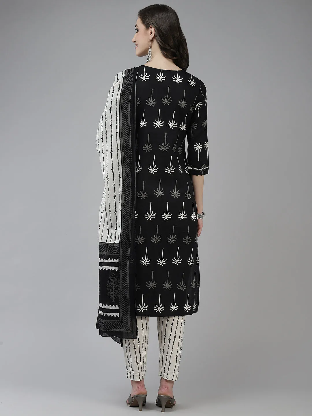 Women Black And Off White Cotton Kurta With Trouser & Dupatta