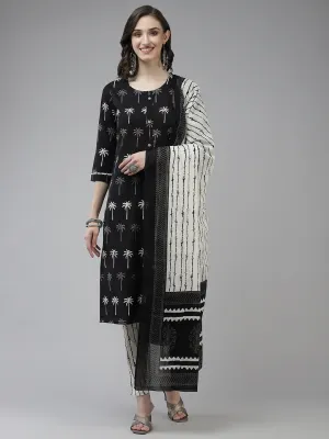 Women Black And Off White Cotton Kurta With Trouser & Dupatta