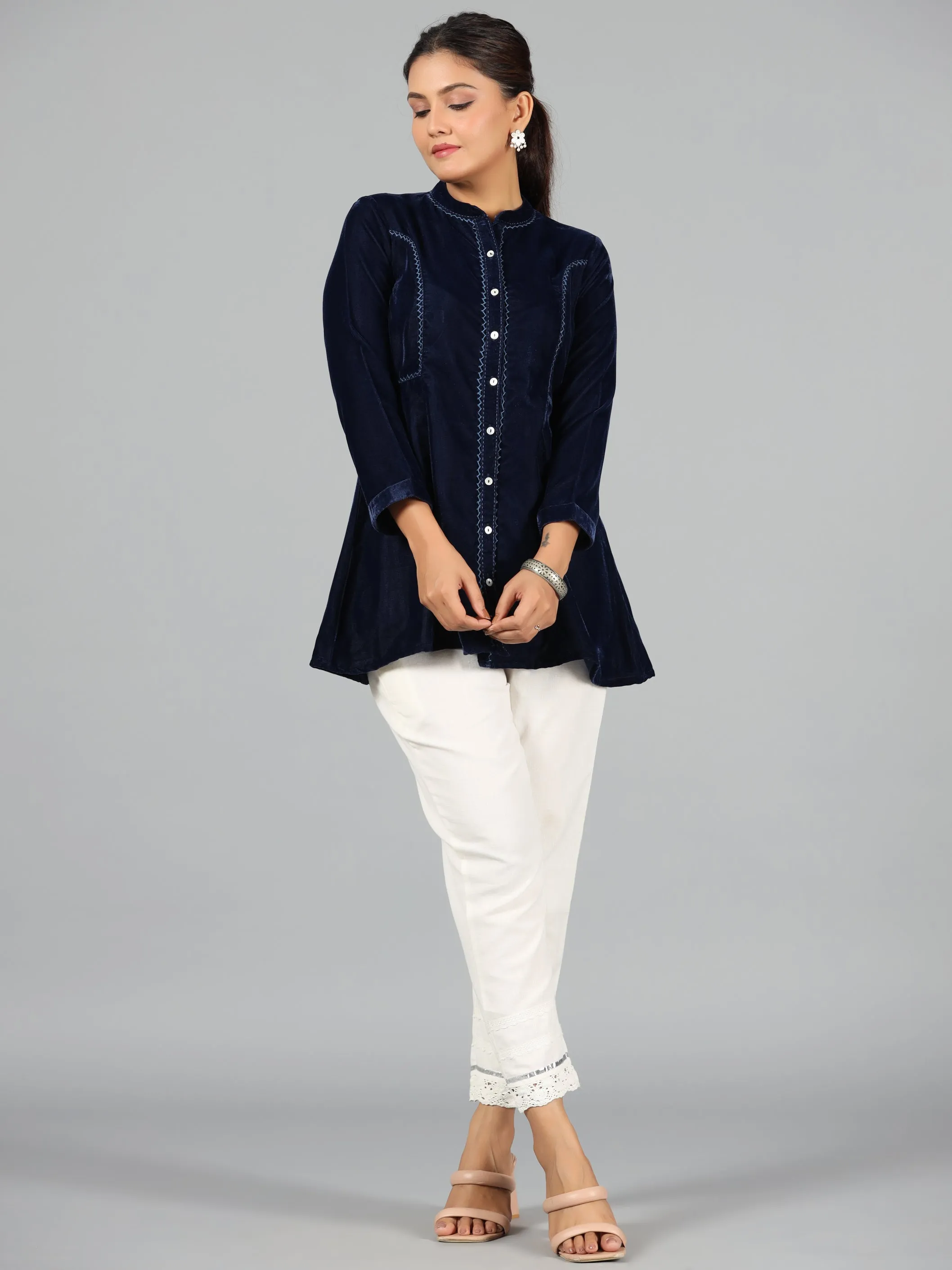 Women Blue Velvet Solid A-Line Tunic