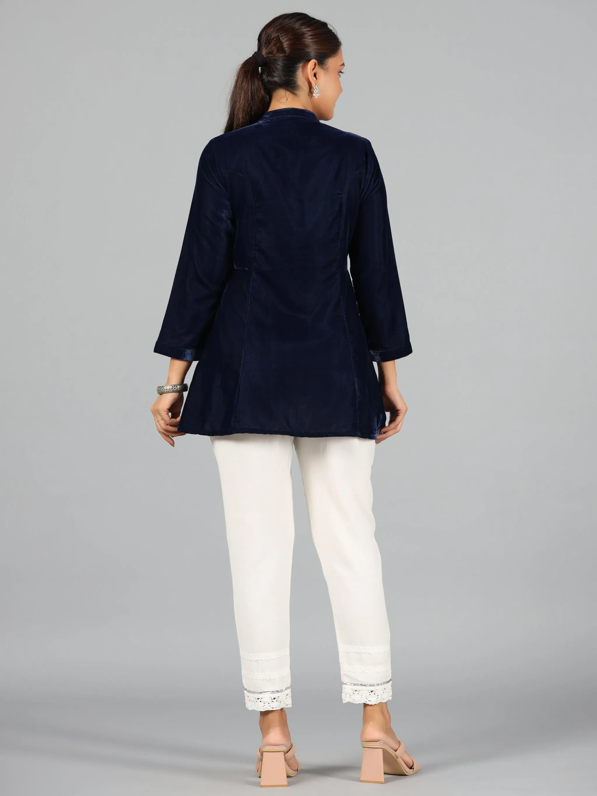 Women Blue Velvet Solid A-Line Tunic