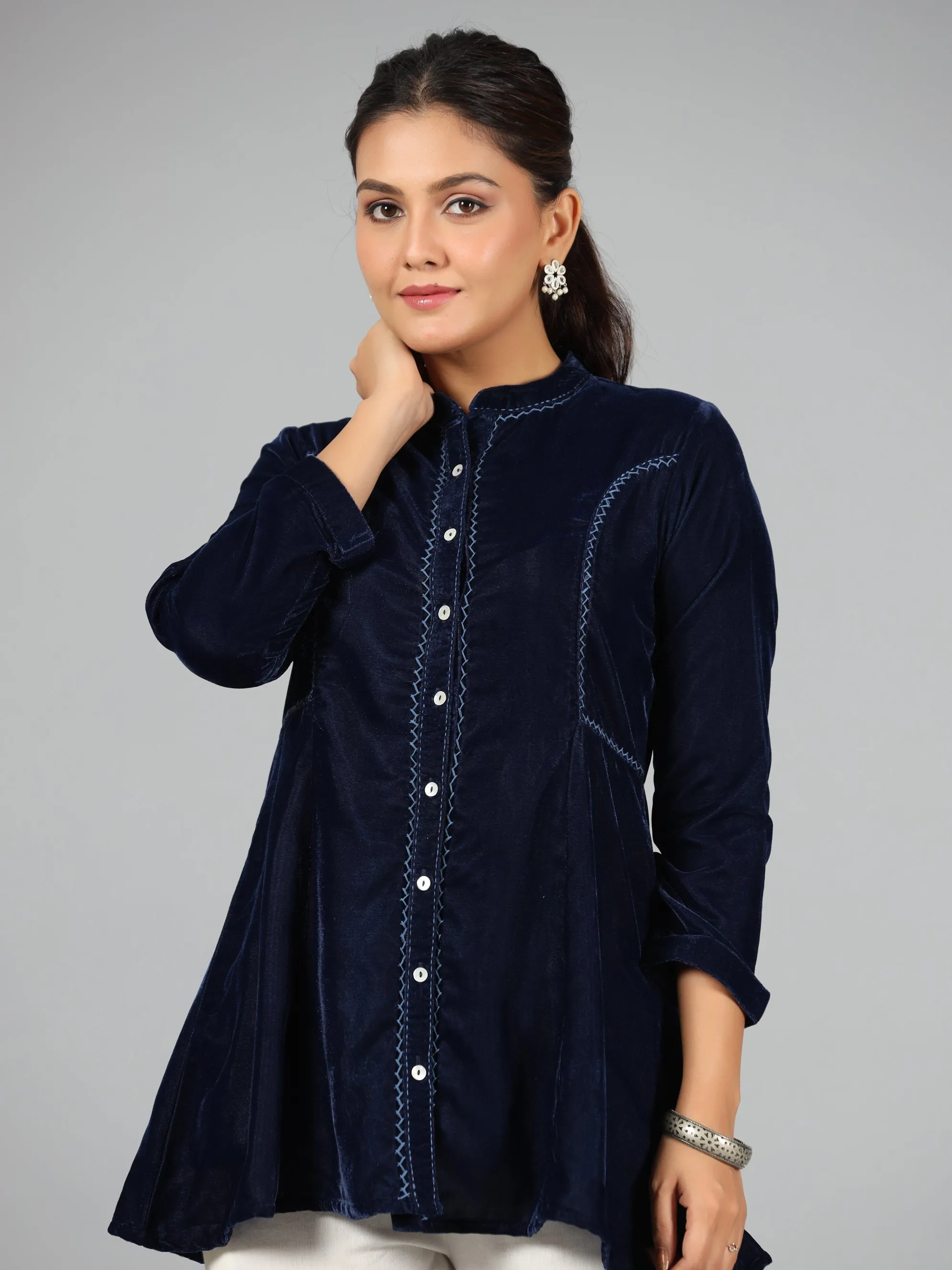 Women Blue Velvet Solid A-Line Tunic