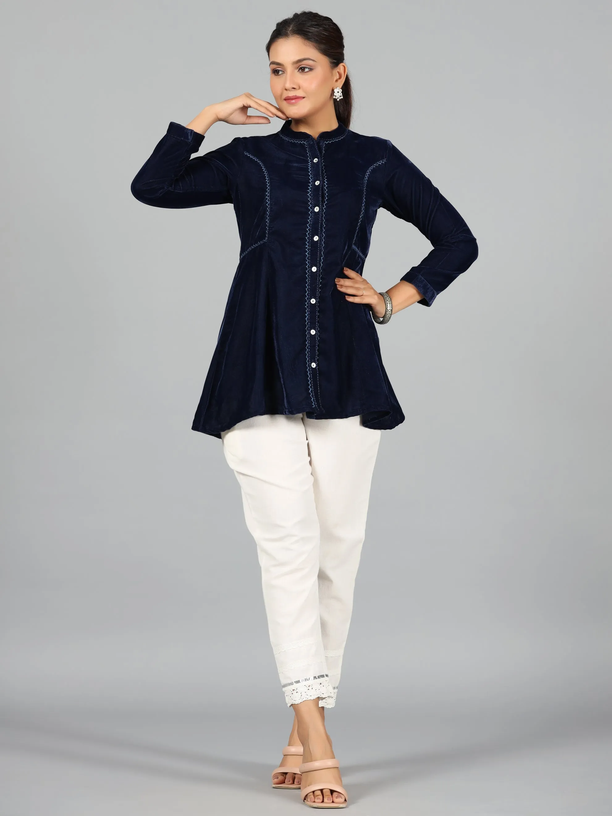 Women Blue Velvet Solid A-Line Tunic