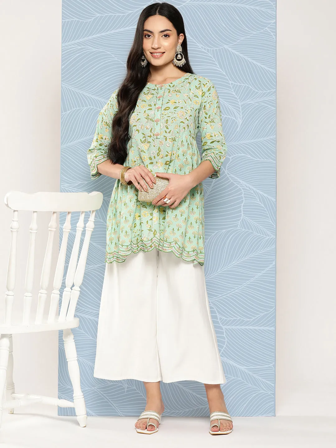 Women Green Embroidered Flared Scalloped Tunic