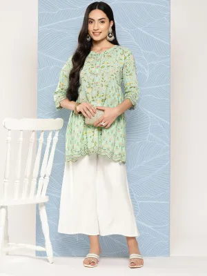 Women Green Embroidered Flared Scalloped Tunic