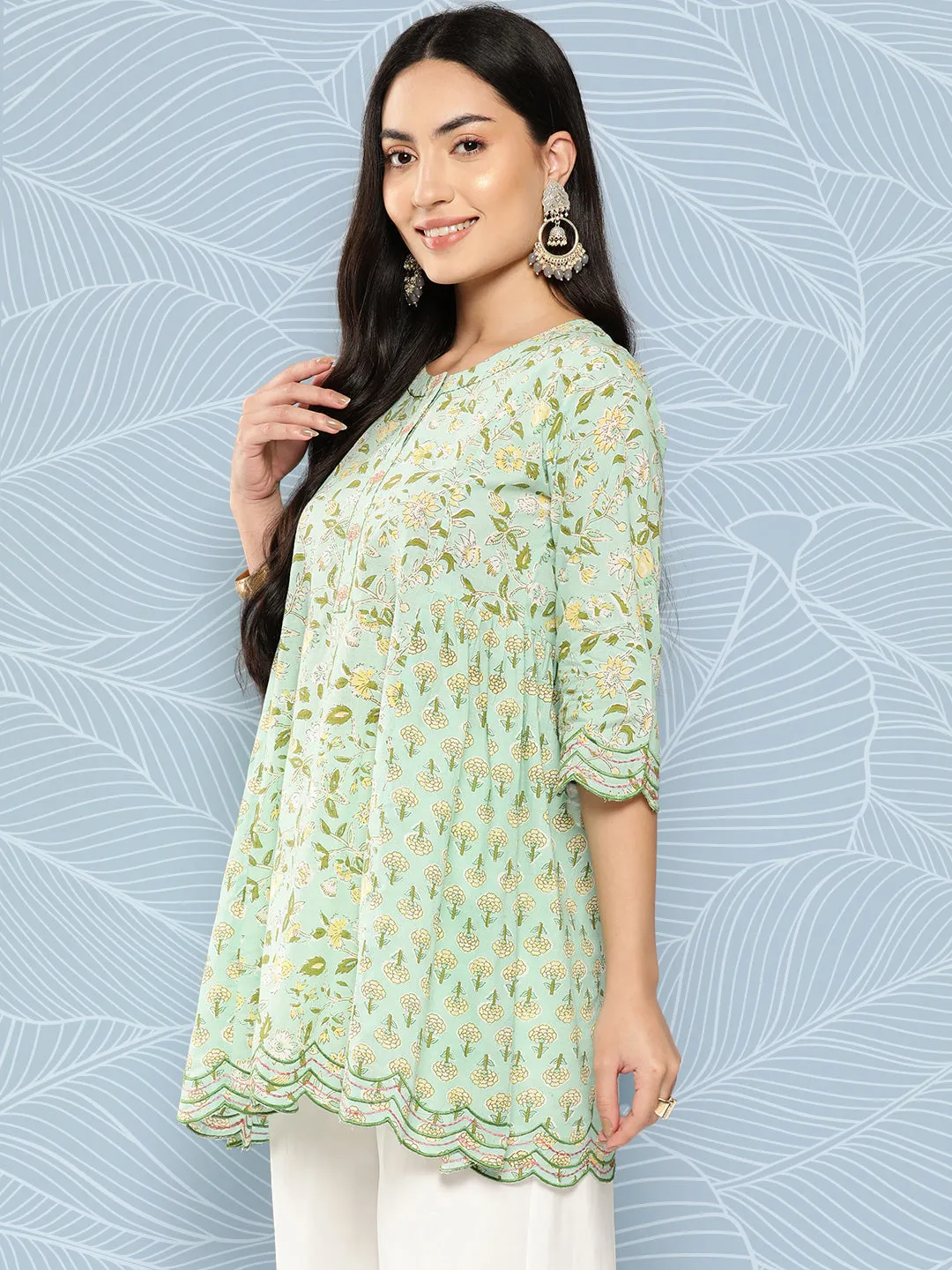 Women Green Embroidered Flared Scalloped Tunic