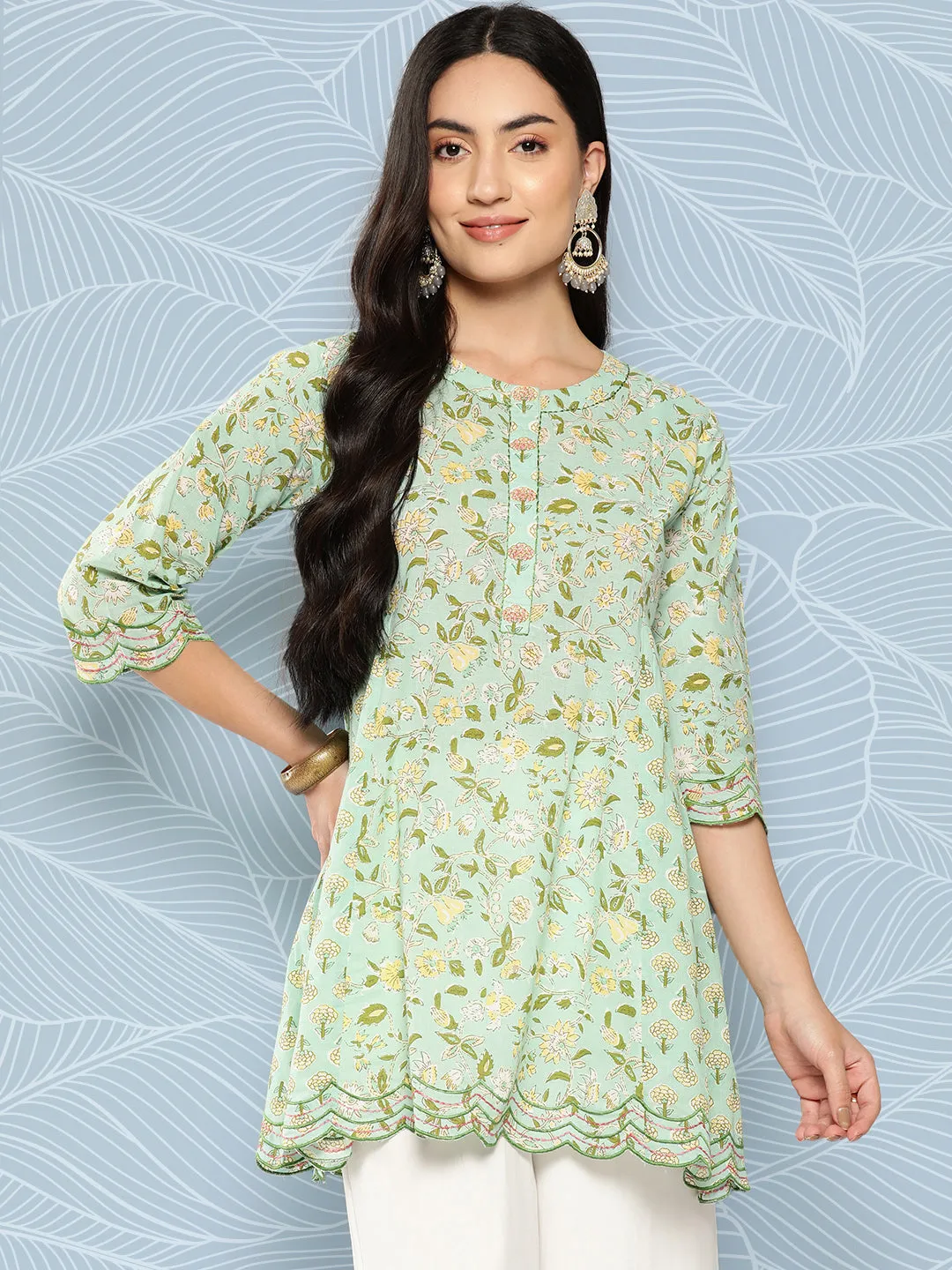 Women Green Embroidered Flared Scalloped Tunic