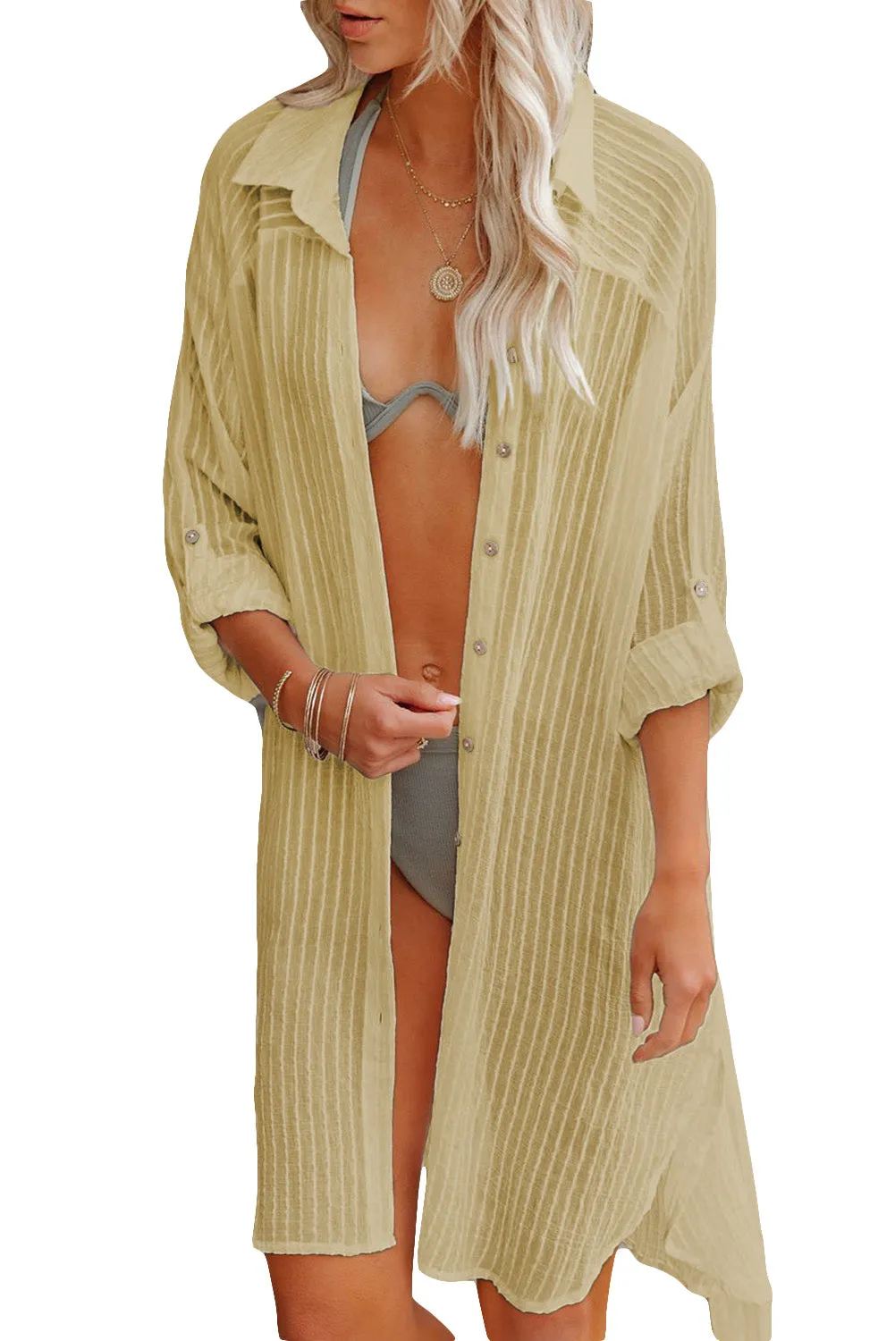 Women Loose Long Sleeve Swimsuit Cover Ups Striped Shirt Dress Kimonos with Belt