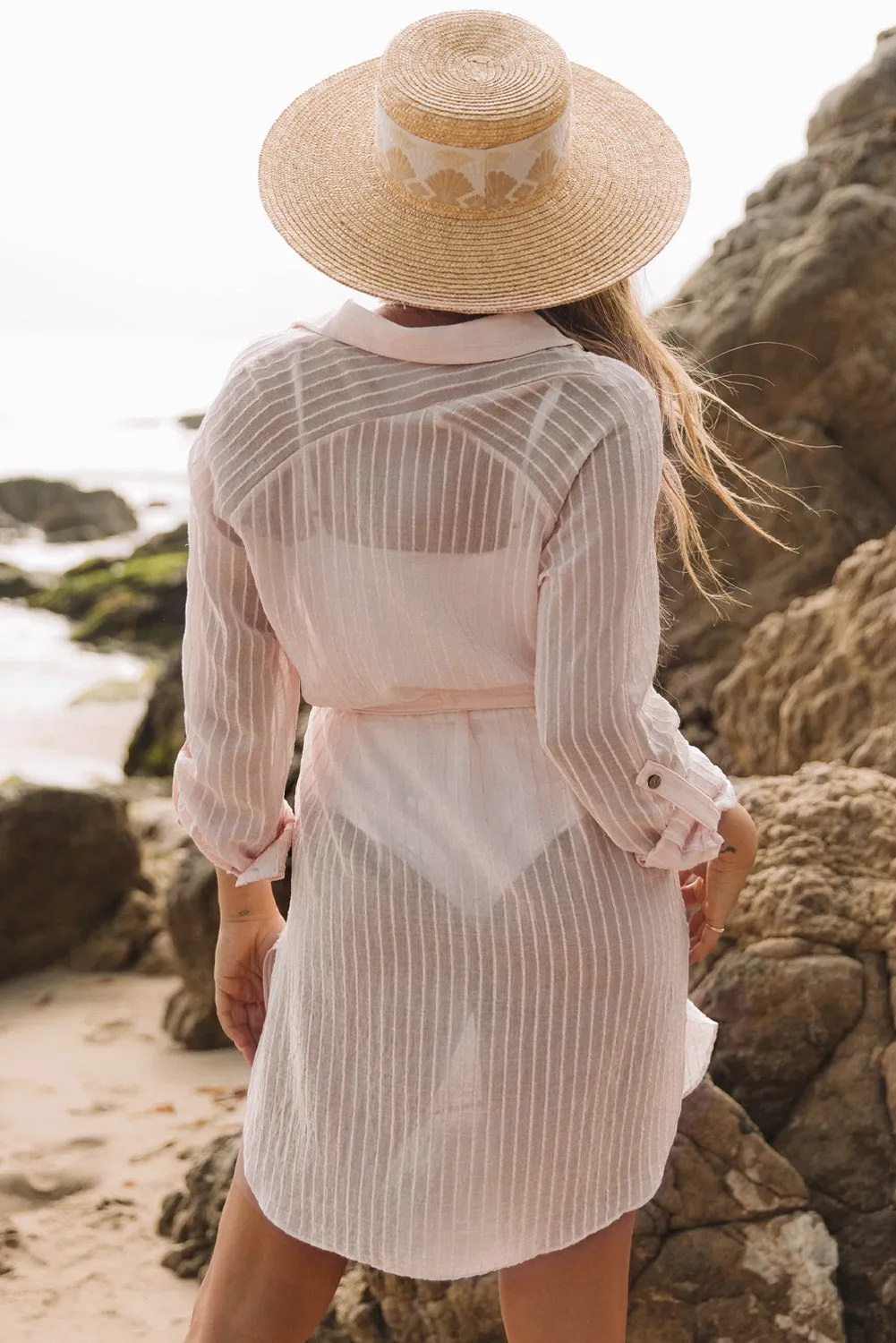 Women Loose Long Sleeve Swimsuit Cover Ups Striped Shirt Dress Kimonos with Belt