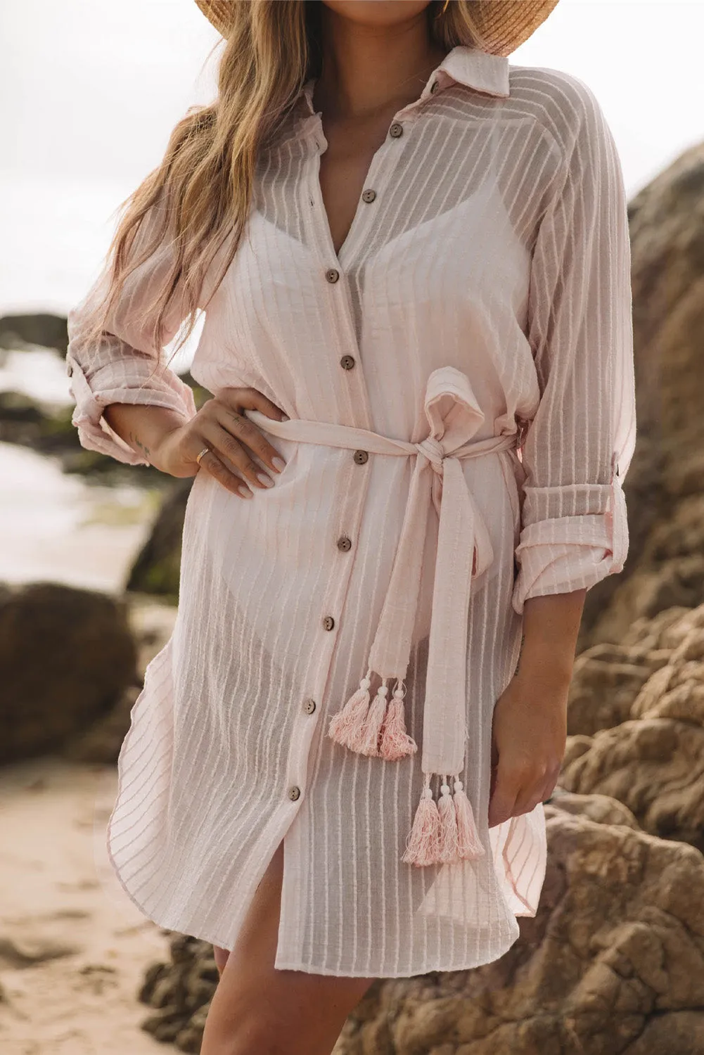 Women Loose Long Sleeve Swimsuit Cover Ups Striped Shirt Dress Kimonos with Belt