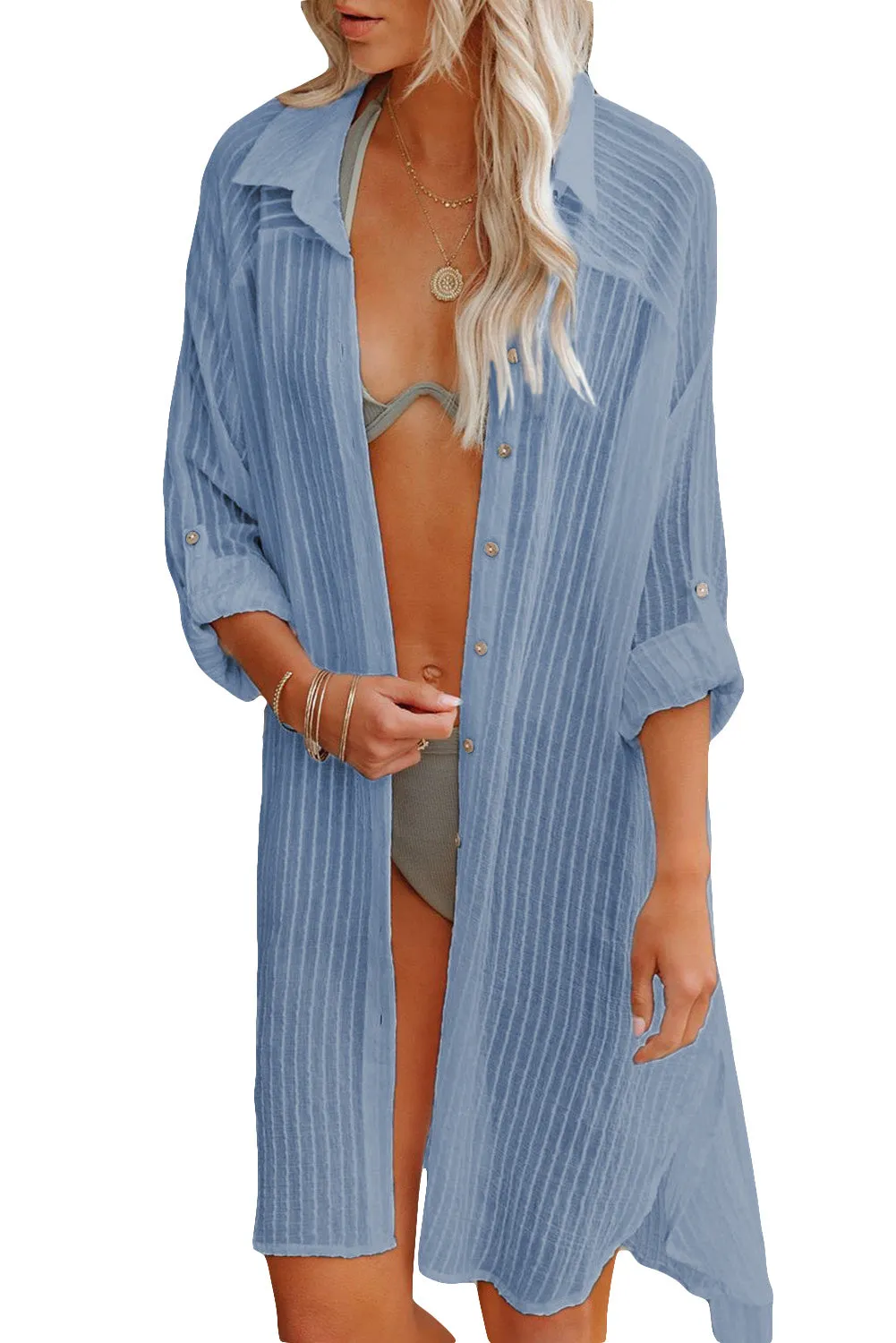 Women Loose Long Sleeve Swimsuit Cover Ups Striped Shirt Dress Kimonos with Belt