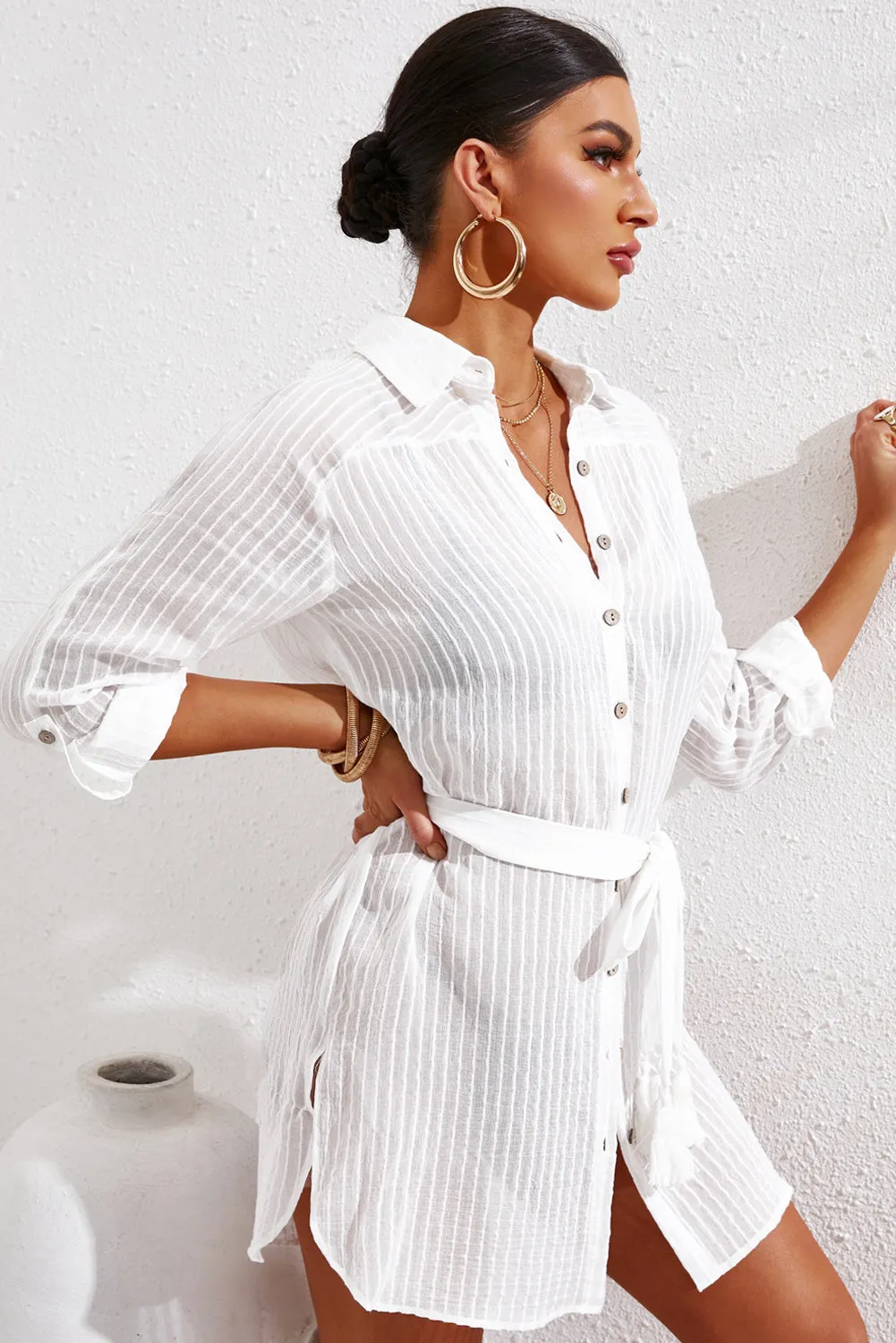 Women Loose Long Sleeve Swimsuit Cover Ups Striped Shirt Dress Kimonos with Belt