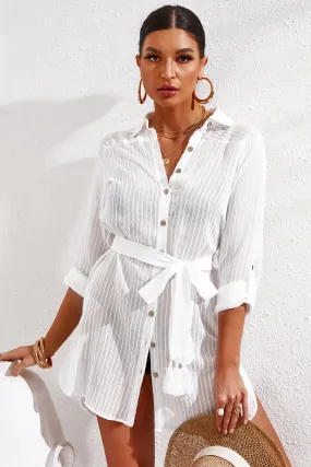 Women Loose Long Sleeve Swimsuit Cover Ups Striped Shirt Dress Kimonos with Belt