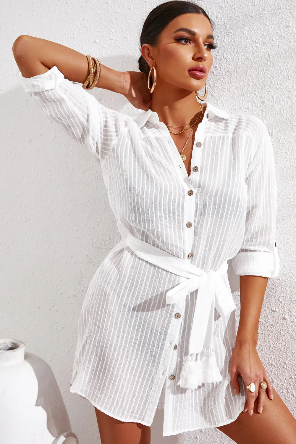 Women Loose Long Sleeve Swimsuit Cover Ups Striped Shirt Dress Kimonos with Belt