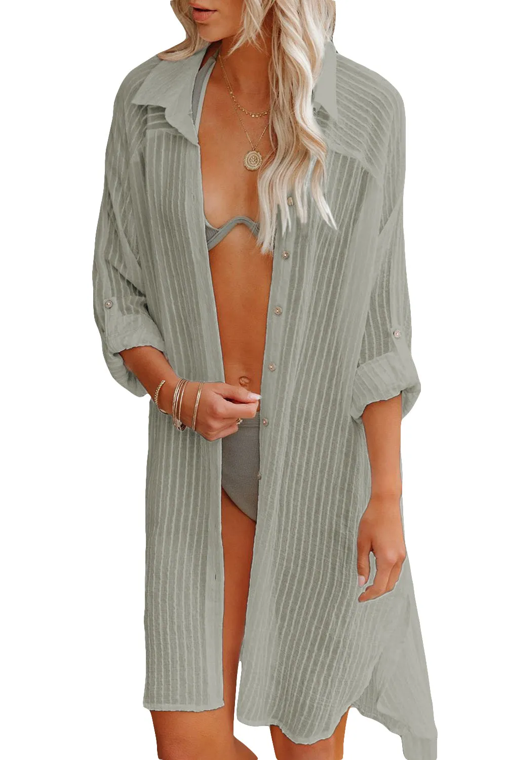 Women Loose Long Sleeve Swimsuit Cover Ups Striped Shirt Dress Kimonos with Belt