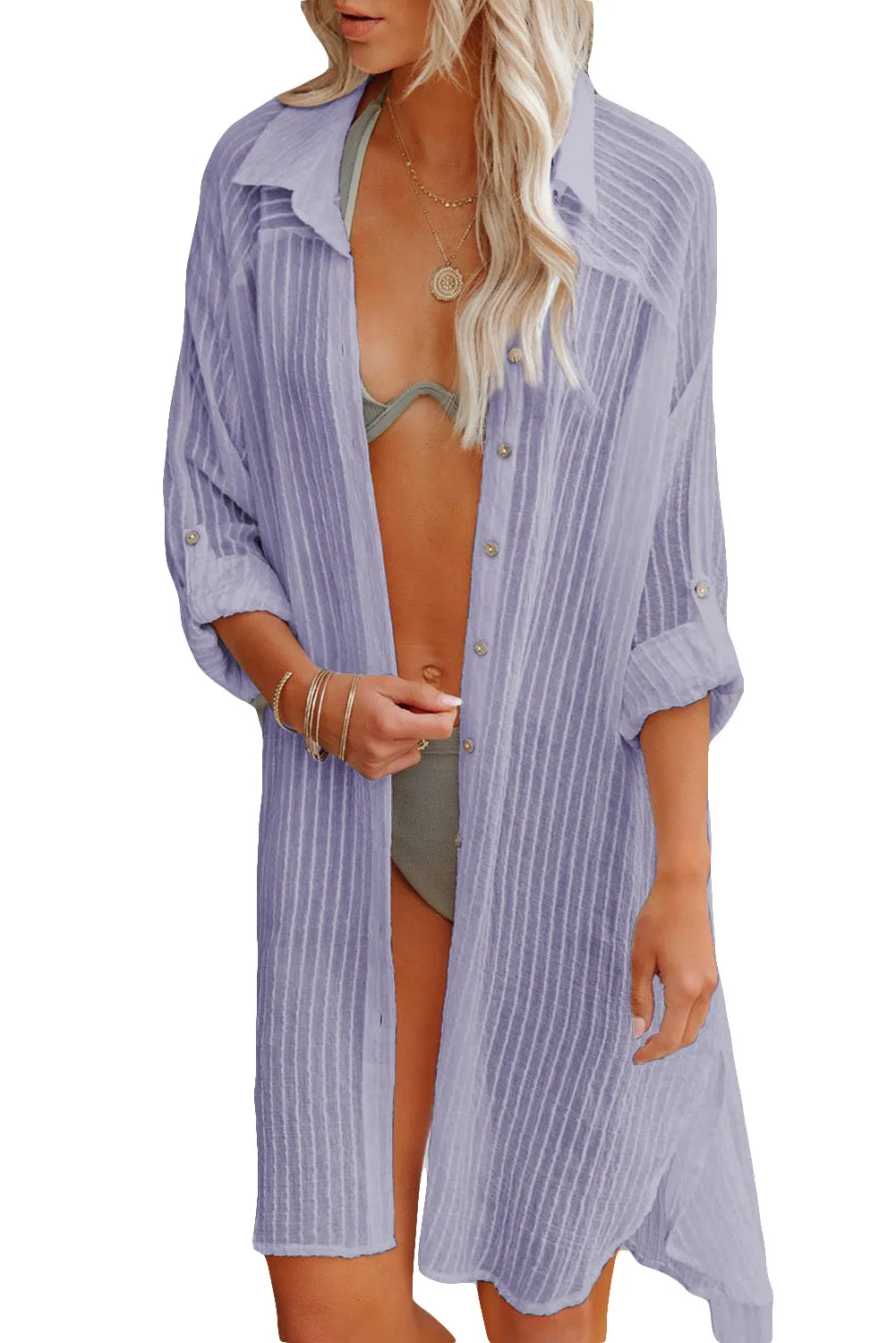 Women Loose Long Sleeve Swimsuit Cover Ups Striped Shirt Dress Kimonos with Belt