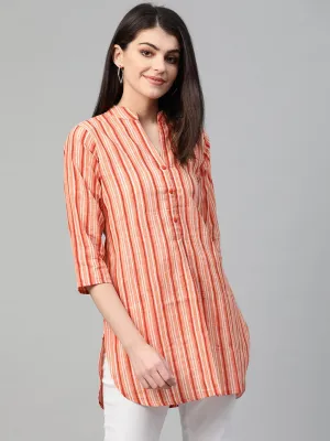 Women Peach & Orange Cotton Striped Mandarin Collar Tunic