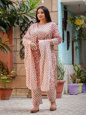 Women Plus Size Beige And Pink Pure Cotton Kurta Set With Dupatta