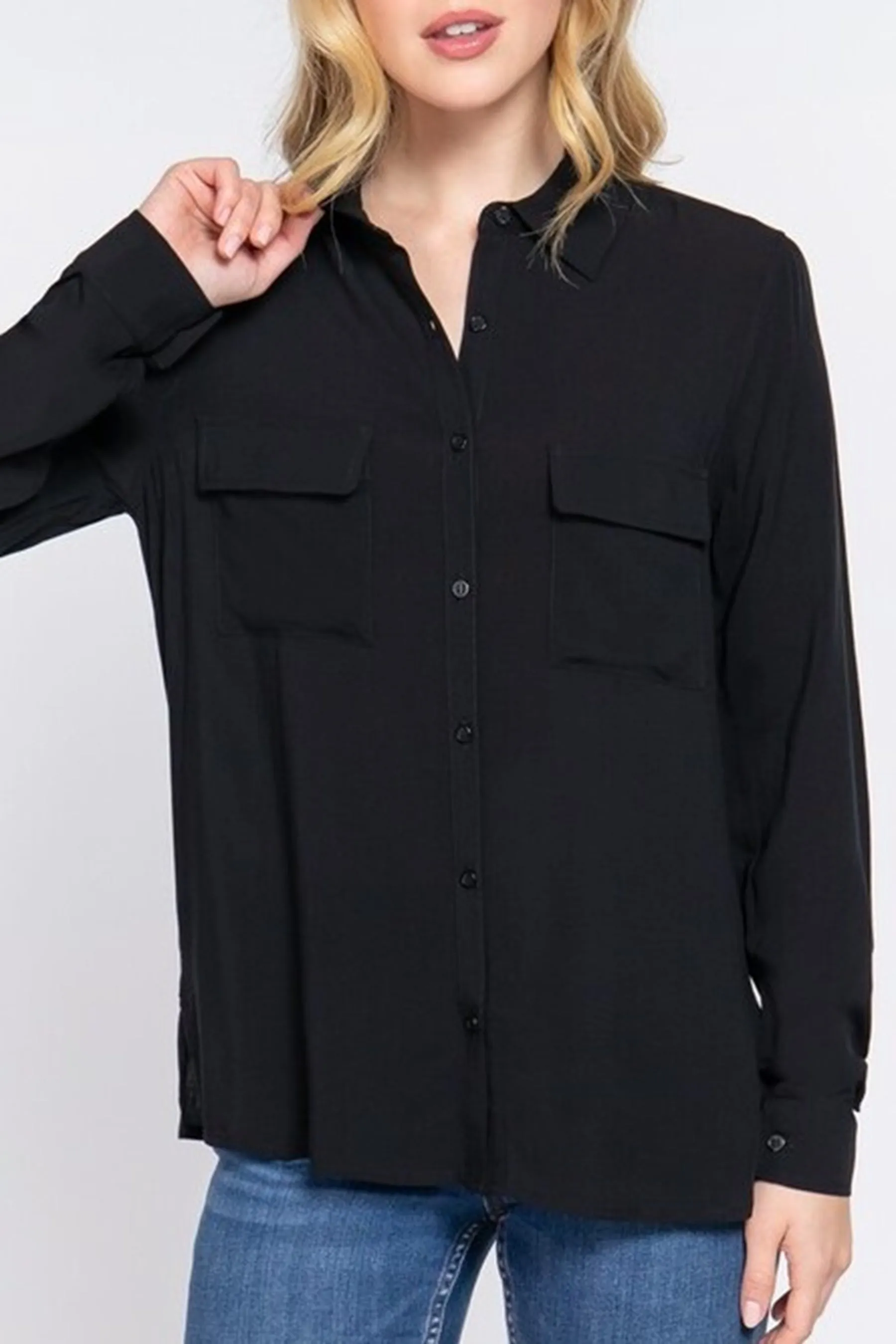 Women's Casual Button Down Long Sleeve Front Pockets Shirt