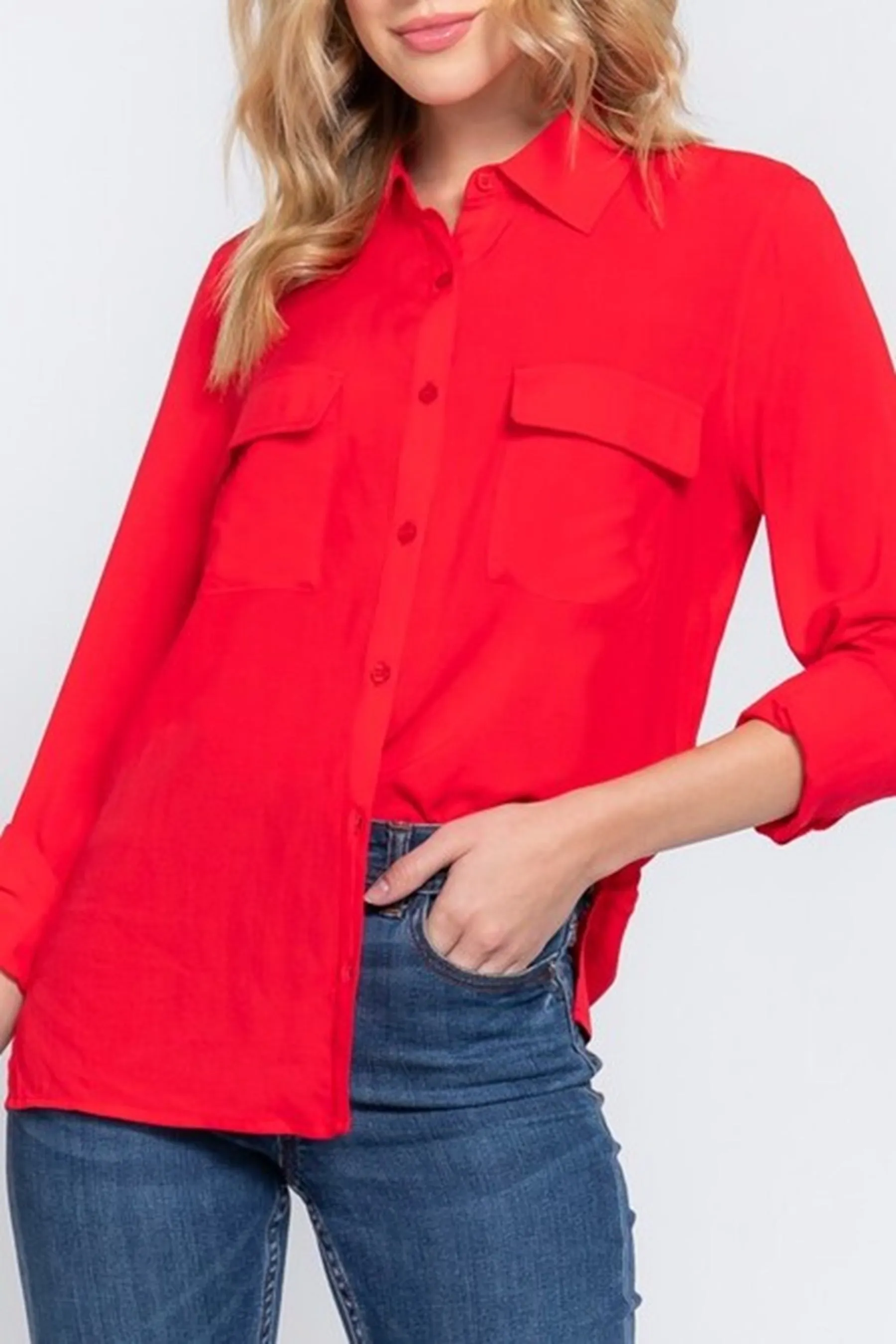 Women's Casual Button Down Long Sleeve Front Pockets Shirt