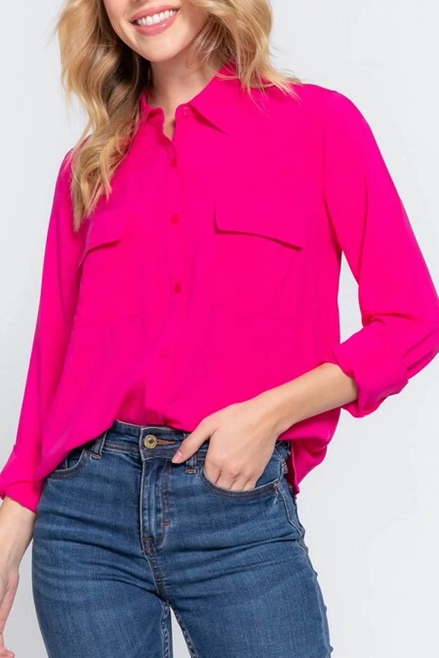 Women's Casual Button Down Long Sleeve Front Pockets Shirt