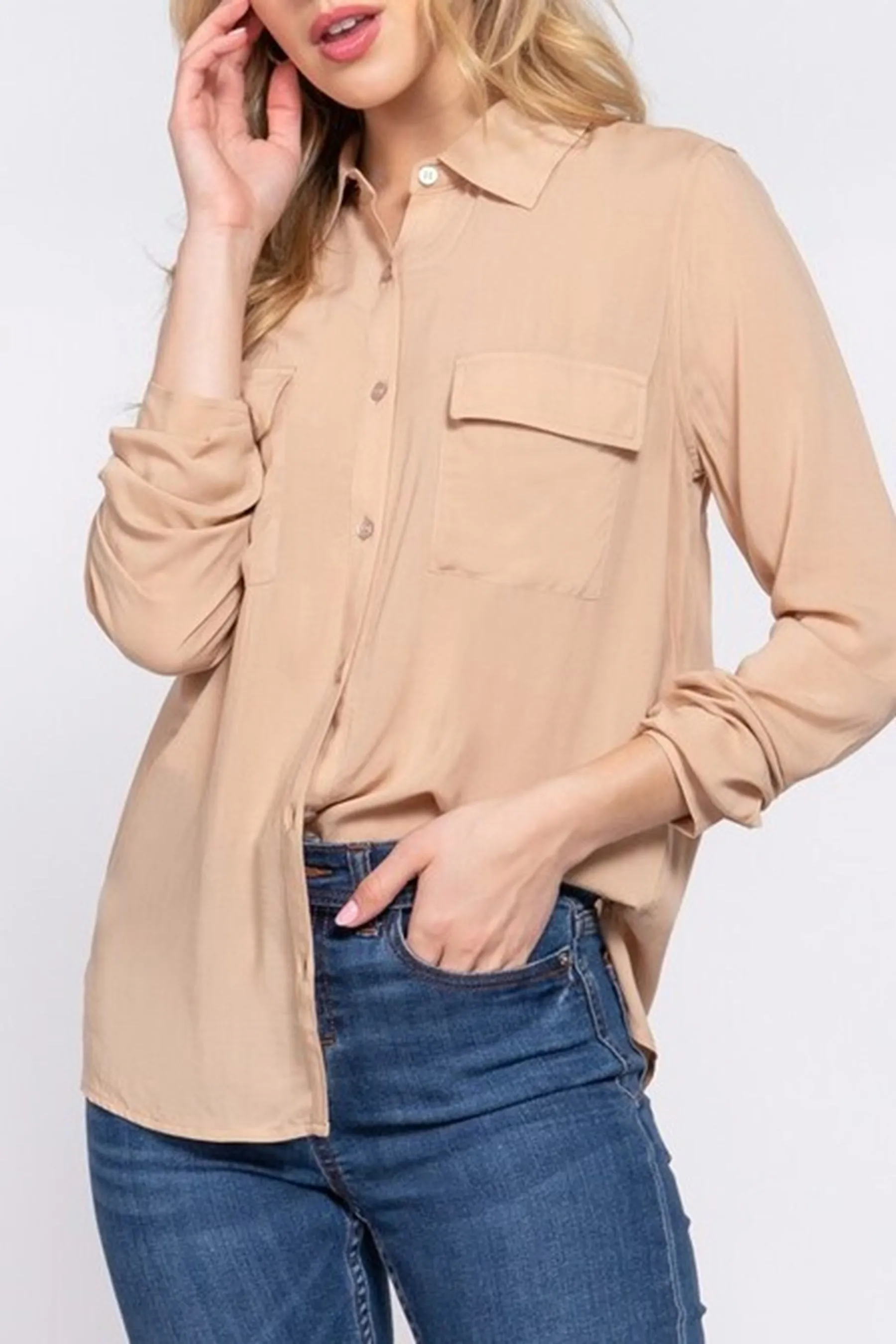 Women's Casual Button Down Long Sleeve Front Pockets Shirt