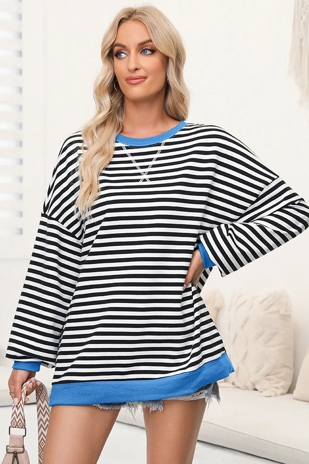 Women's Classic Striped Oversized Crew Neck Sweatshirt