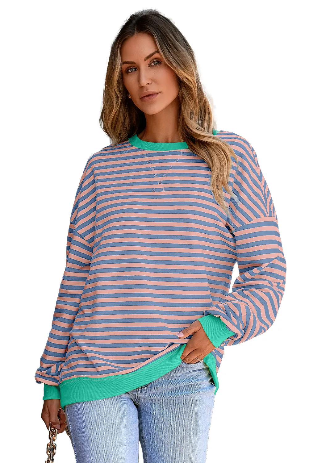 Women's Classic Striped Oversized Crew Neck Sweatshirt