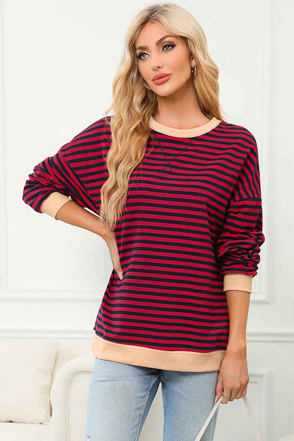 Women's Classic Striped Oversized Crew Neck Sweatshirt