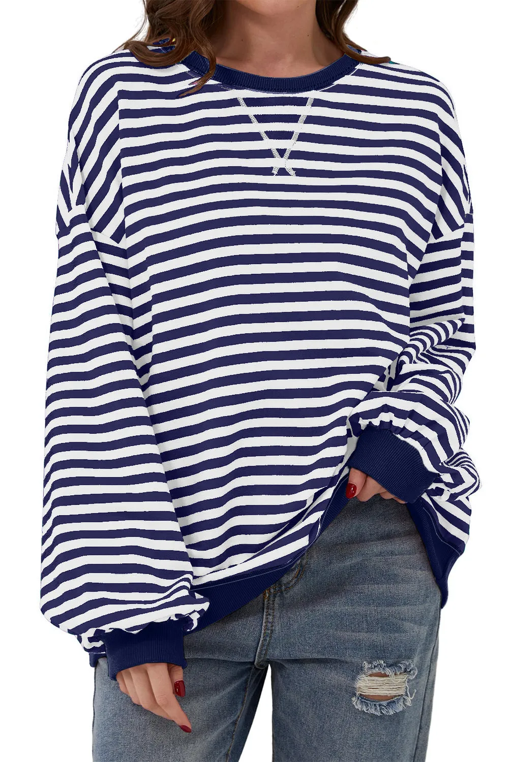 Women's Classic Striped Oversized Crew Neck Sweatshirt