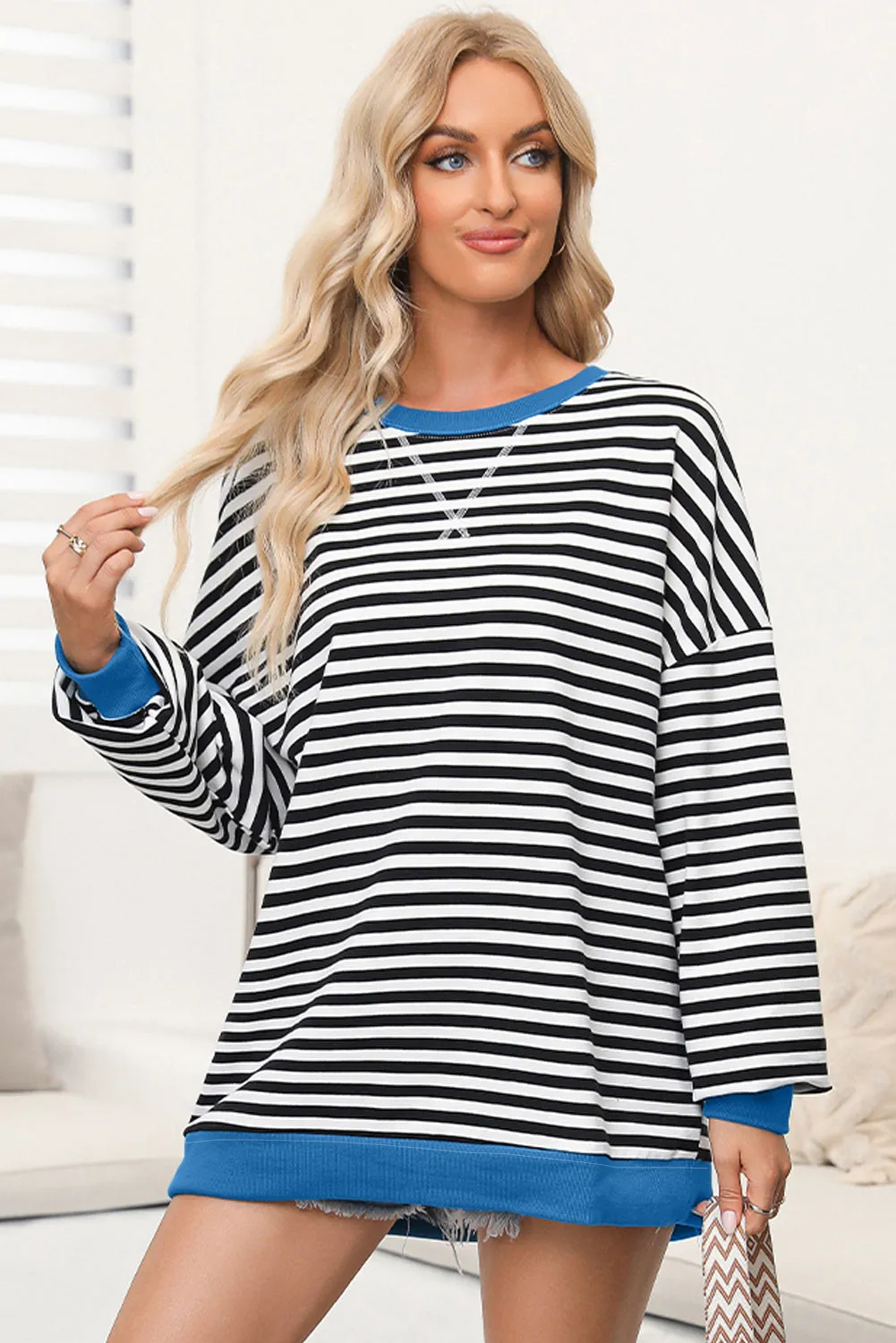 Women's Classic Striped Oversized Crew Neck Sweatshirt