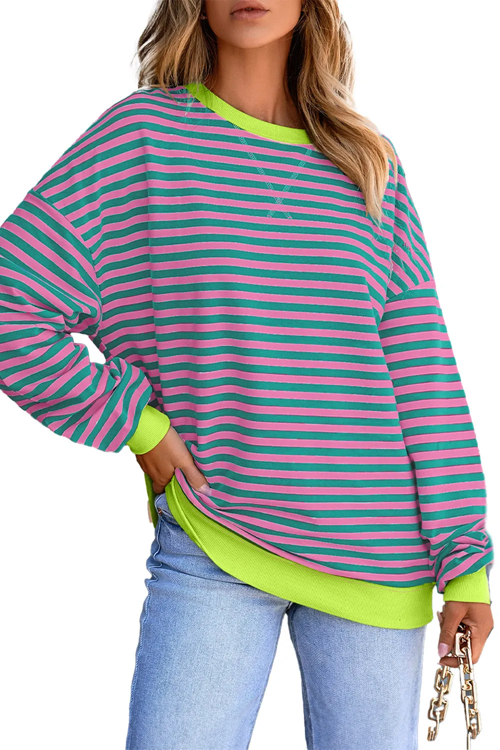 Women's Classic Striped Oversized Crew Neck Sweatshirt