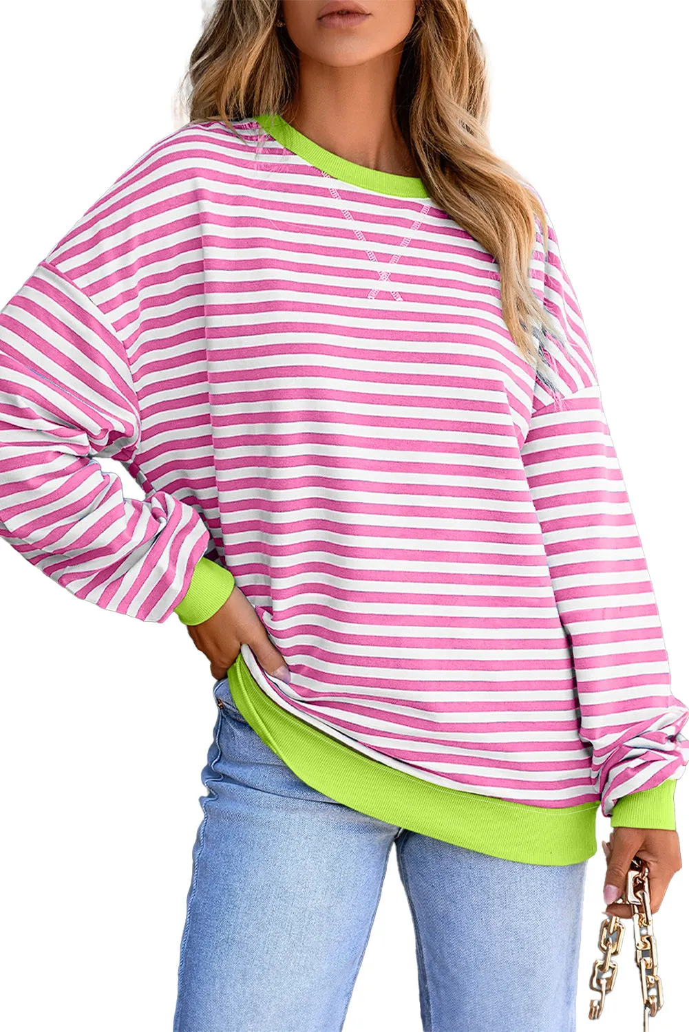 Women's Classic Striped Oversized Crew Neck Sweatshirt