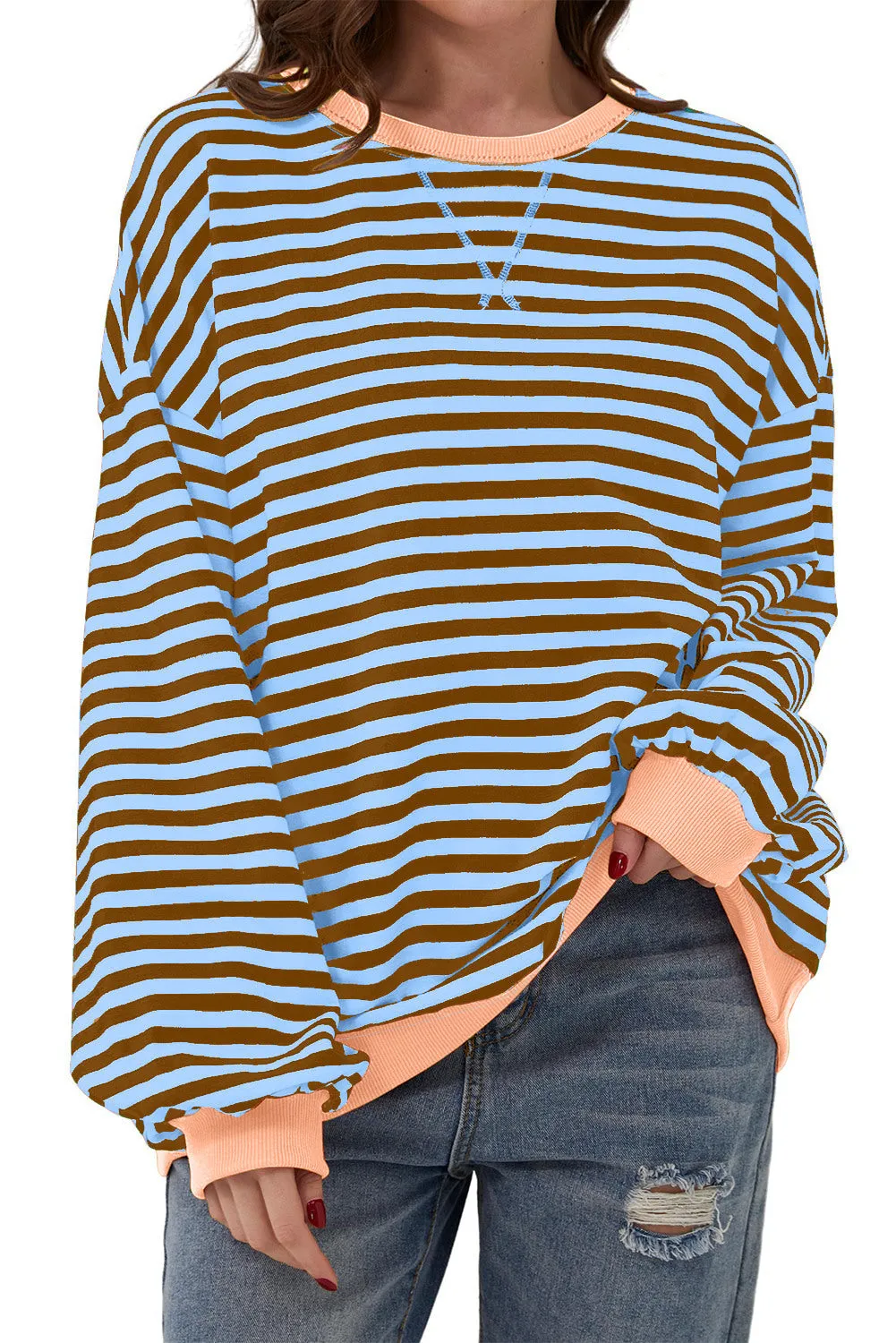 Women's Classic Striped Oversized Crew Neck Sweatshirt