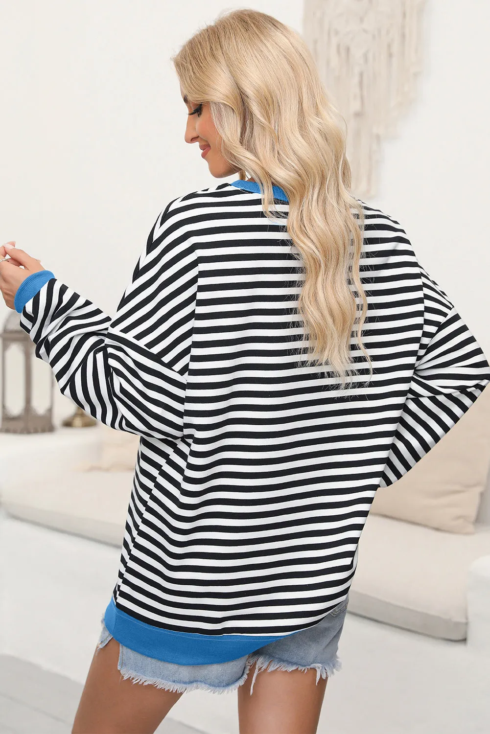 Women's Classic Striped Oversized Crew Neck Sweatshirt