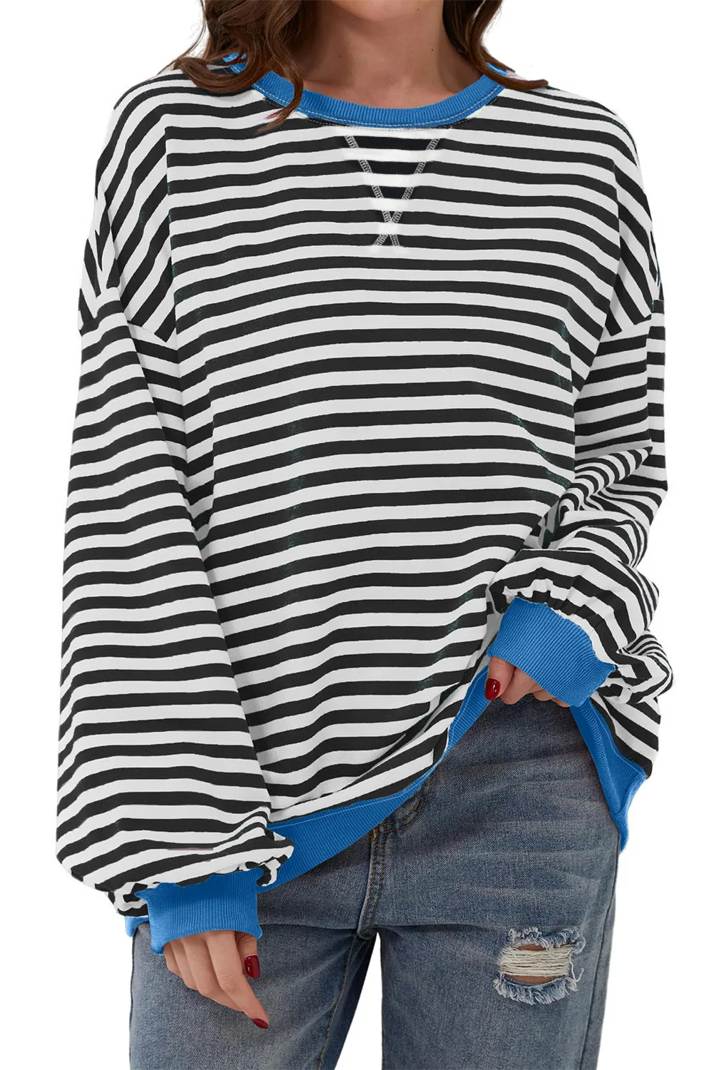 Women's Classic Striped Oversized Crew Neck Sweatshirt