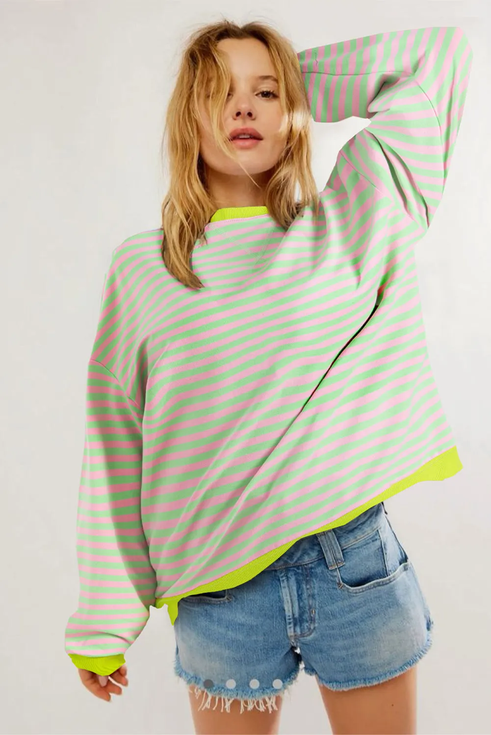 Women's Classic Striped Oversized Crew Neck Sweatshirt