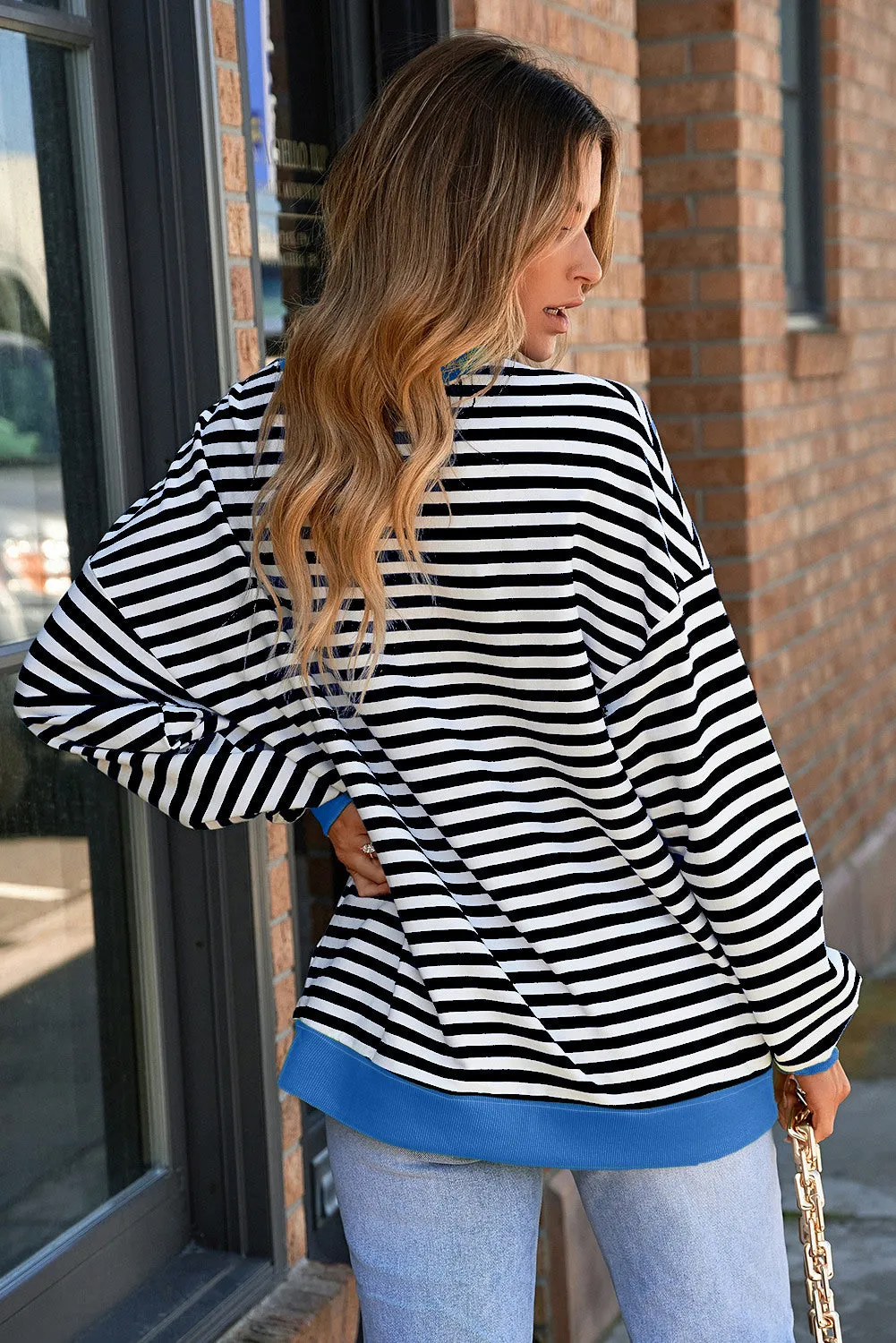 Women's Classic Striped Oversized Crew Neck Sweatshirt