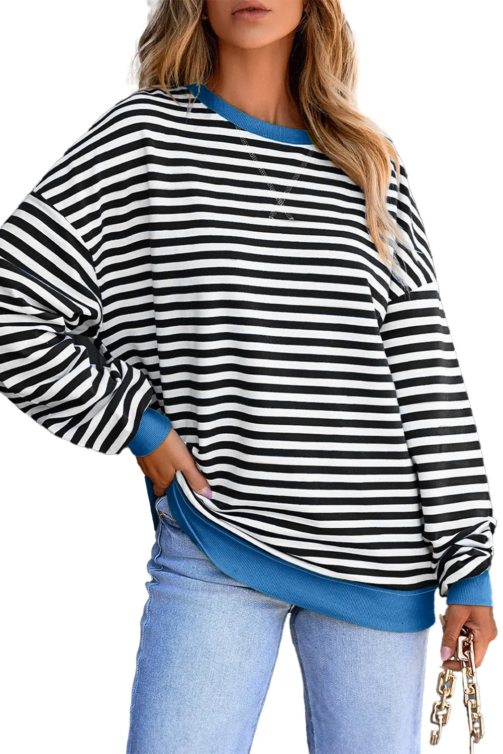 Women's Classic Striped Oversized Crew Neck Sweatshirt