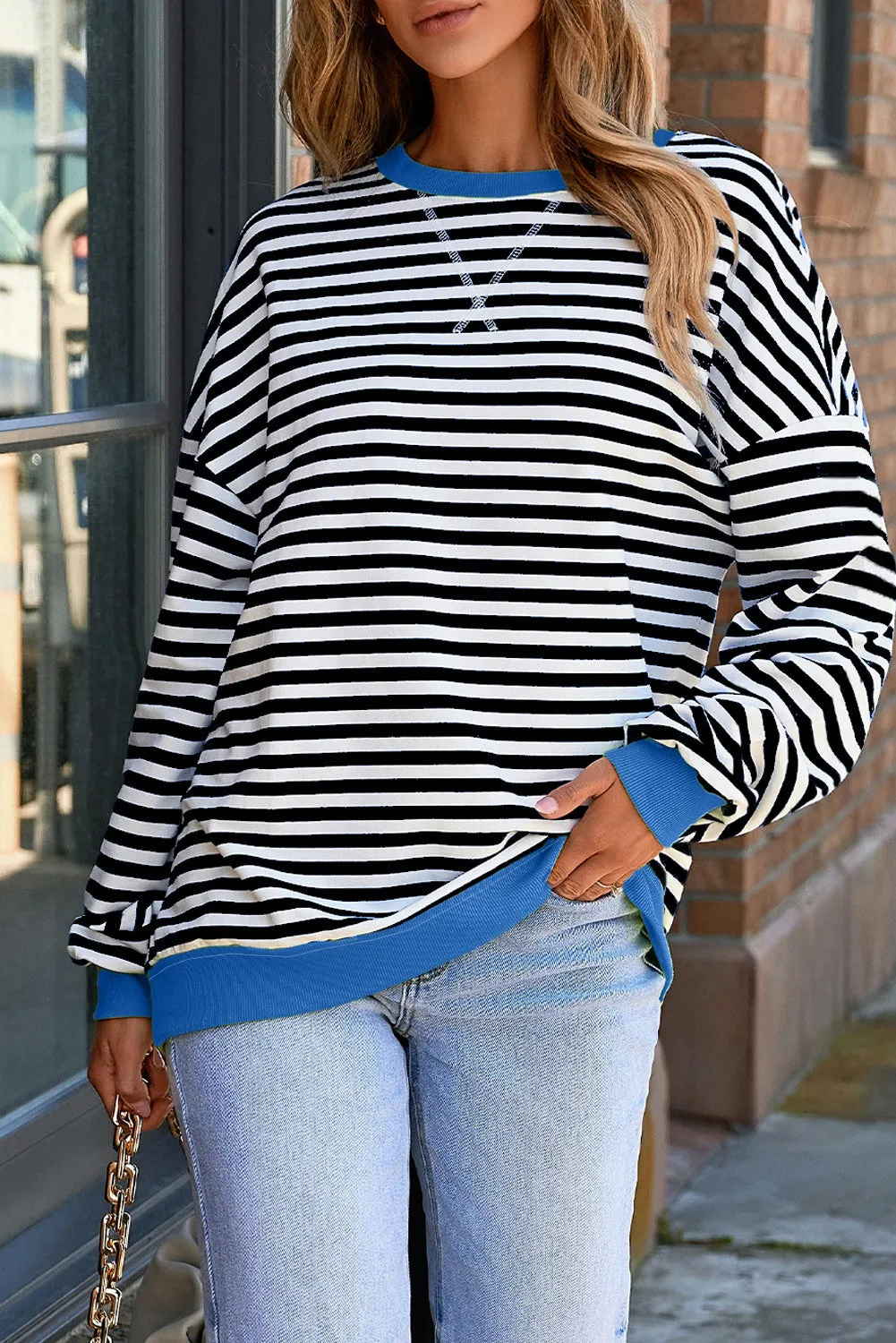 Women's Classic Striped Oversized Crew Neck Sweatshirt