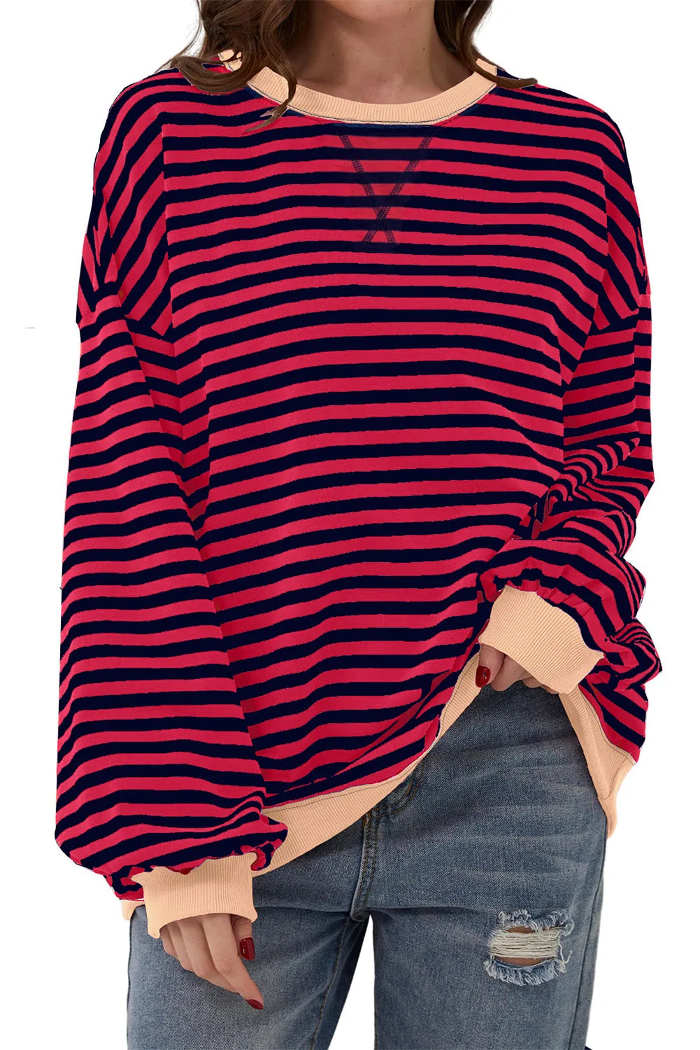 Women's Classic Striped Oversized Crew Neck Sweatshirt