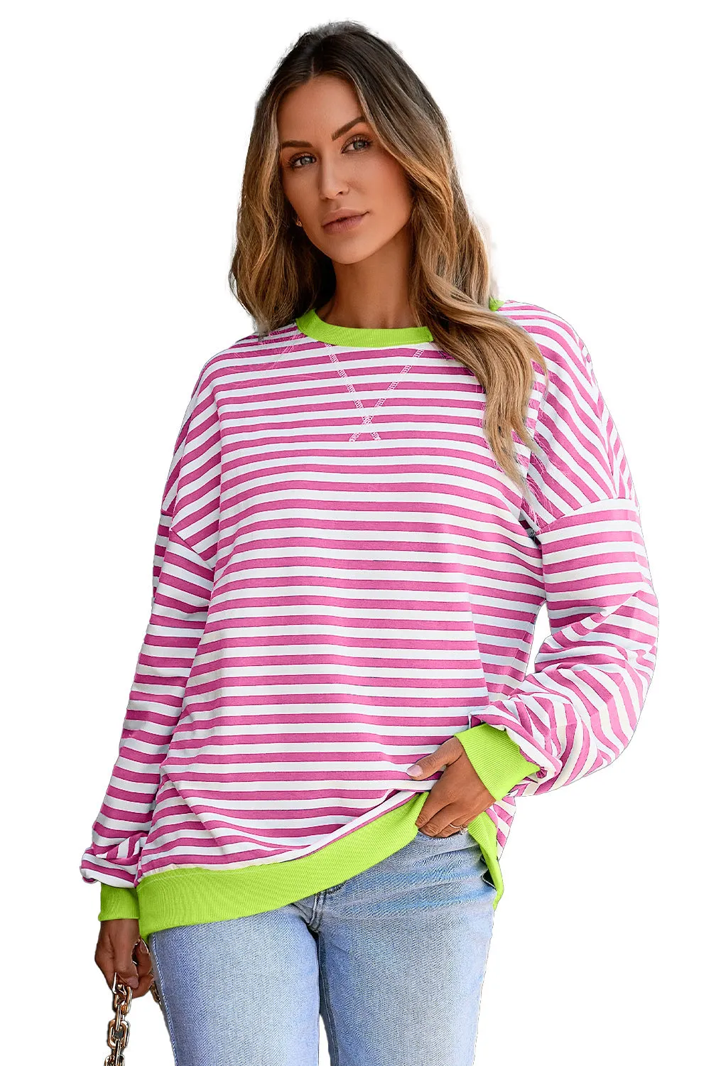 Women's Classic Striped Oversized Crew Neck Sweatshirt