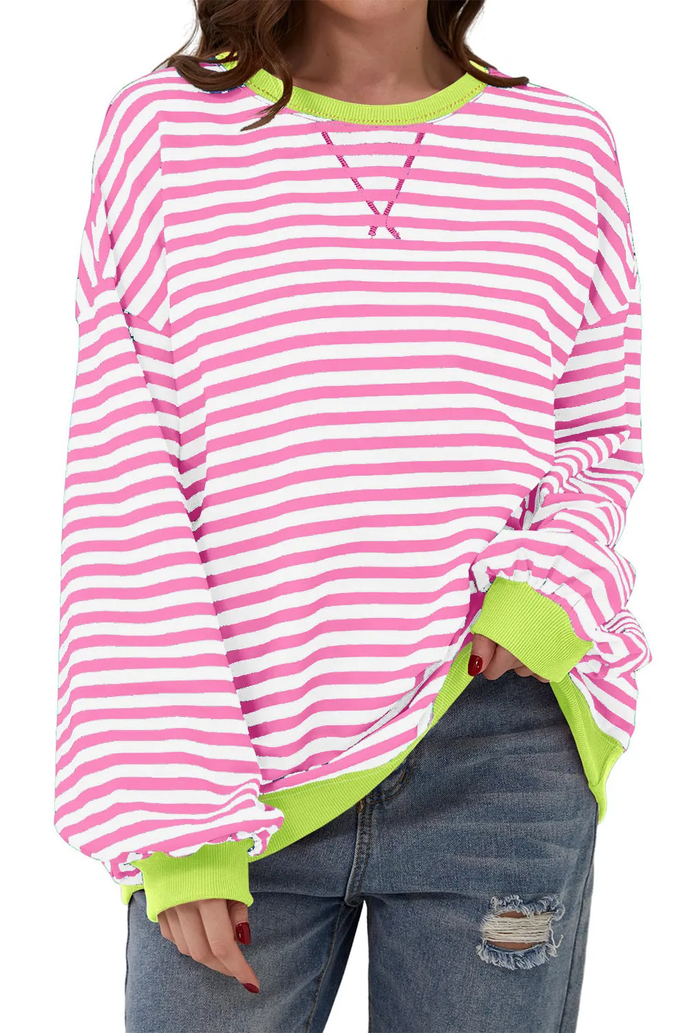 Women's Classic Striped Oversized Crew Neck Sweatshirt